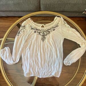 Free People Cream Ruched Blouse with Embellished Neckline